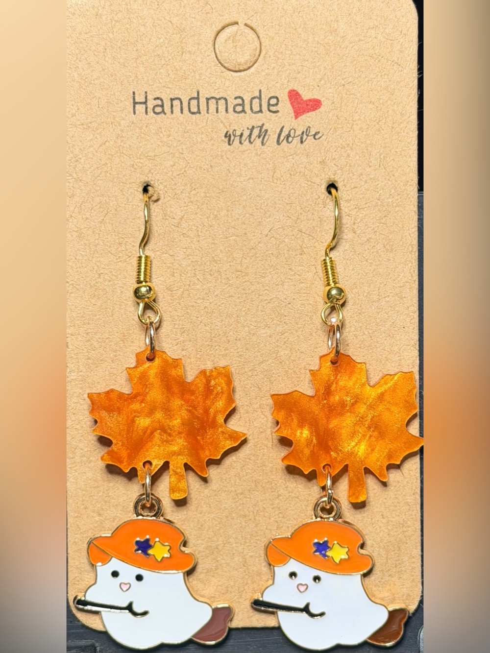 🎃Handmade🎃 Ghost and Maple Leaf Dangle Earrings - Picture 3 of 3